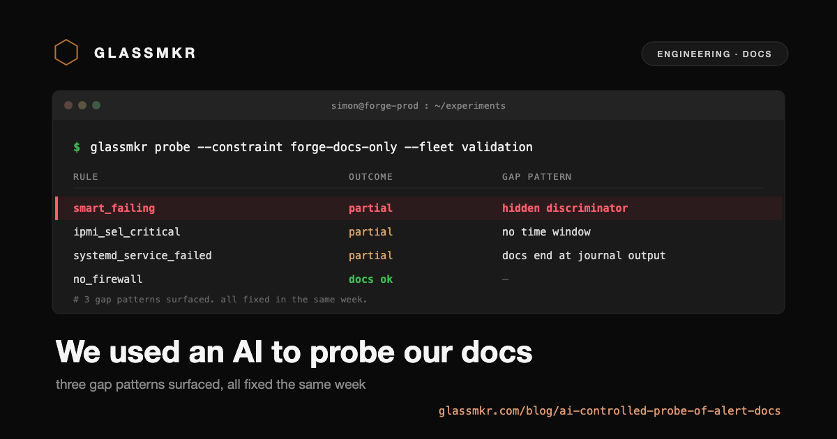 Terminal probe output highlighting three alert-docs gap patterns surfaced by a constrained AI run