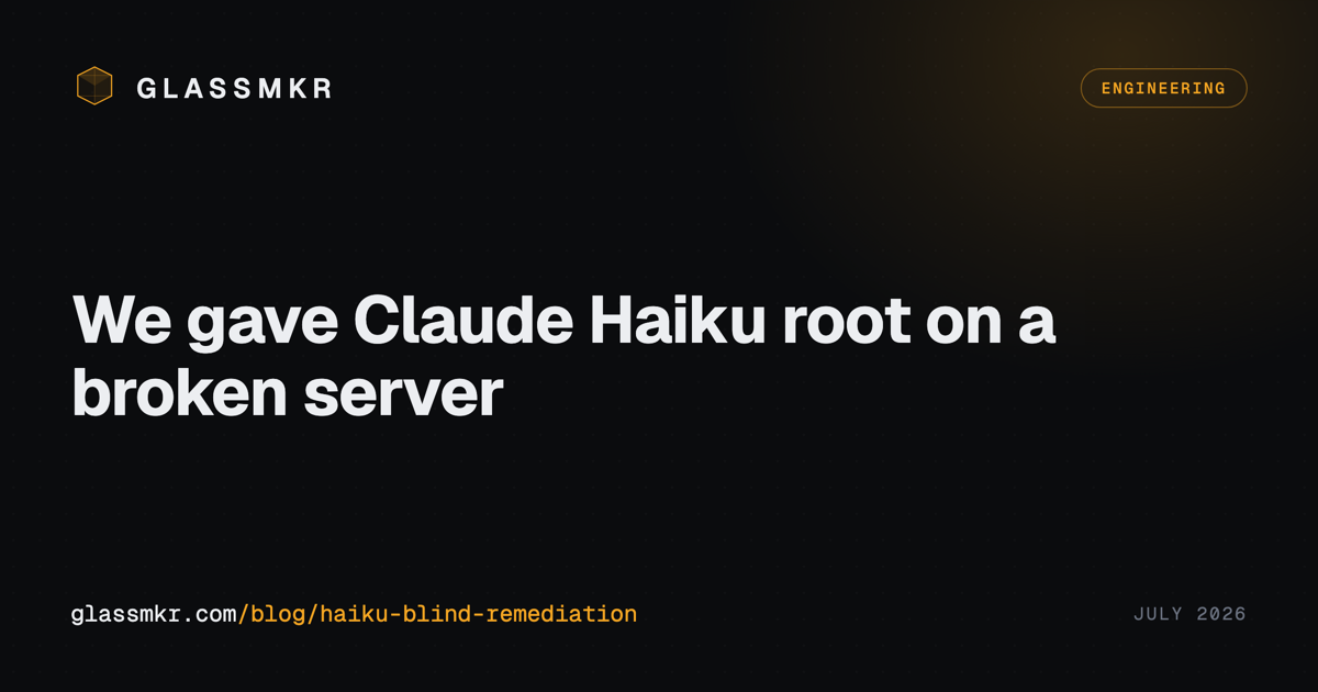 Glassmkr blog card with the Glassmkr logo, an Engineering tag, and the title We gave Claude Haiku root on a broken server.