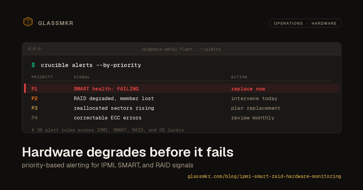 Priority-ordered hardware alerts: P1 SMART failing, P2 RAID degraded, P3 reallocated sectors rising, P4 ECC errors
